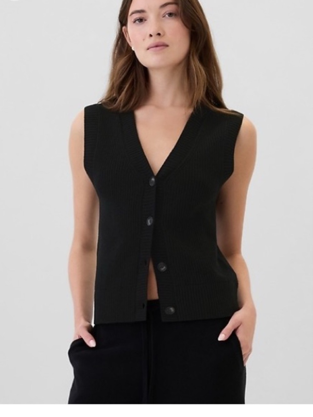 Gap CashSoft Sleeveless V-Neck Button-Front Sweater Vest - Black